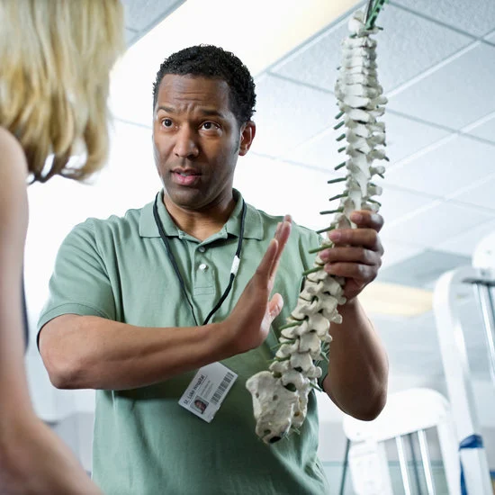 hysiotherapist showing a customer a model of the human spine