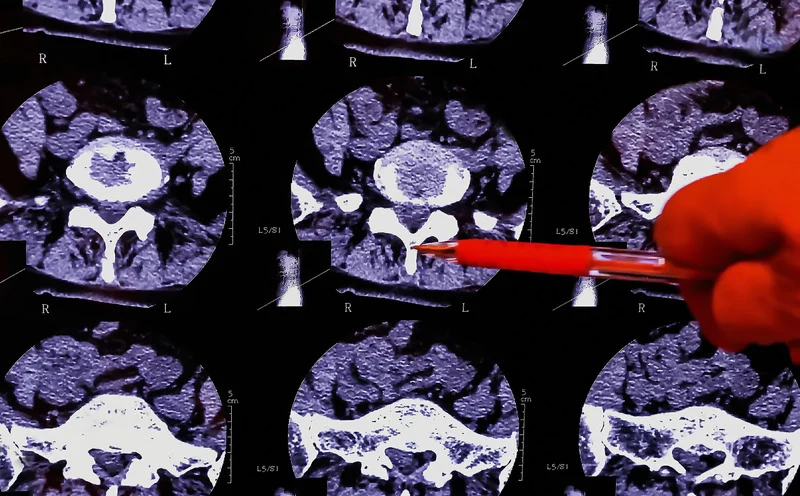 Doctor analyzes the results of magnetic resonance imaging of a patient spine with chronic back pain. The MRI shows degenerative changes of spines, lumbar discs herniation and nerve roots compression.